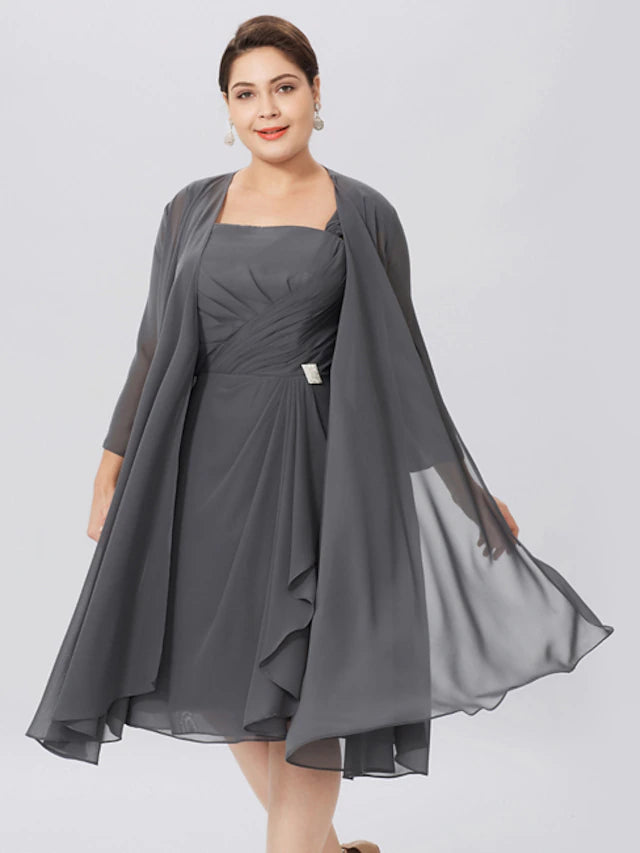 A-Linien-Kleid für die Mutter der Braut, formell, Übergröße, elegante Träger, knielang, Chiffon, ärmellos, ja mit überkreuzten Falten